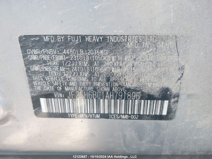 2010 Subaru Forester VIN: JF2SH6BC1AH791896 Lot: 12123687