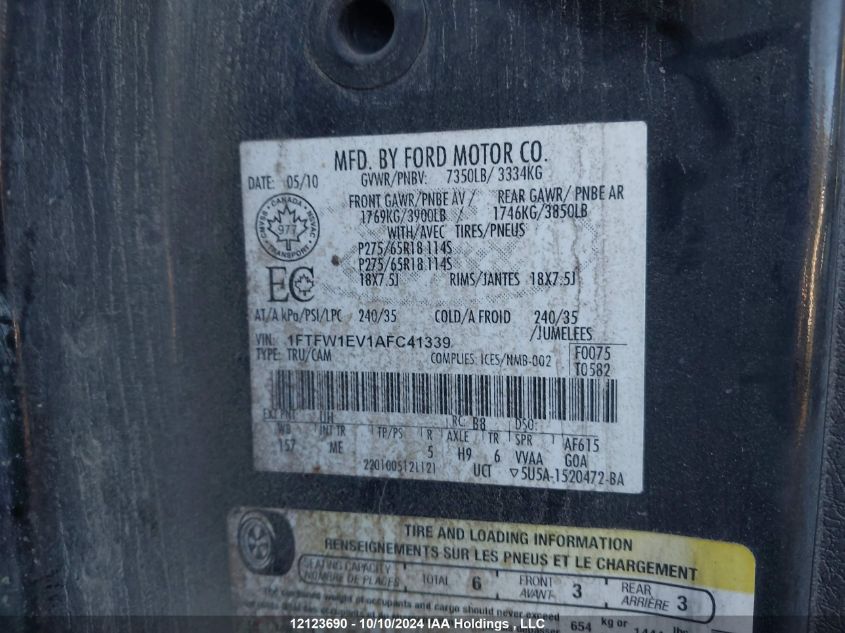 2010 Ford F-150 VIN: 1FTFW1EV1AFC41339 Lot: 12123690