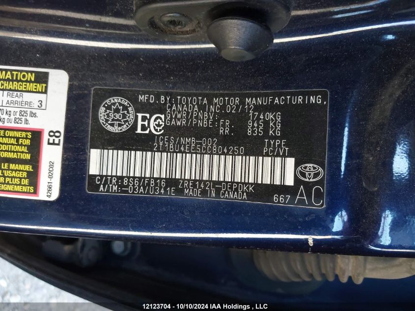 2012 Toyota Corolla S/Le VIN: 2T1BU4EE5CC804250 Lot: 12123704