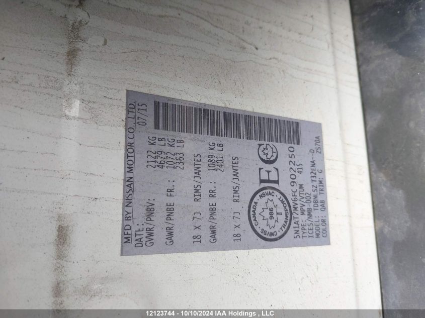 2015 Nissan Rogue VIN: 5N1AT2MV6FC902250 Lot: 12123744