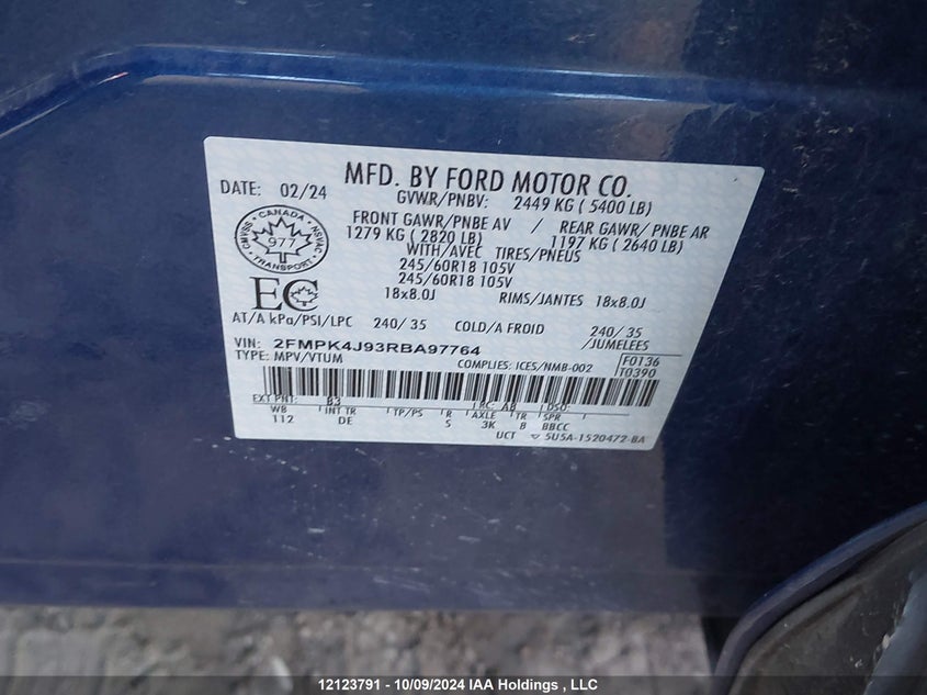 2024 Ford Edge Sel VIN: 2FMPK4J93RBA97764 Lot: 12123791