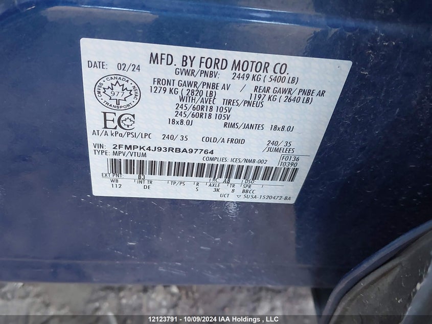 2024 Ford Edge Sel VIN: 2FMPK4J93RBA97764 Lot: 12123791