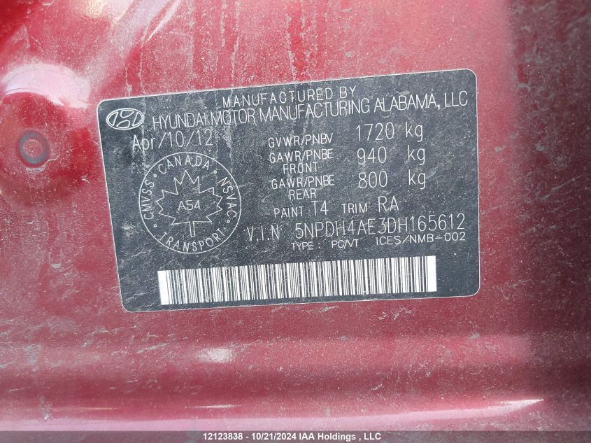 2013 Hyundai Elantra Gl VIN: 5NPDH4AE3DH165612 Lot: 12123838