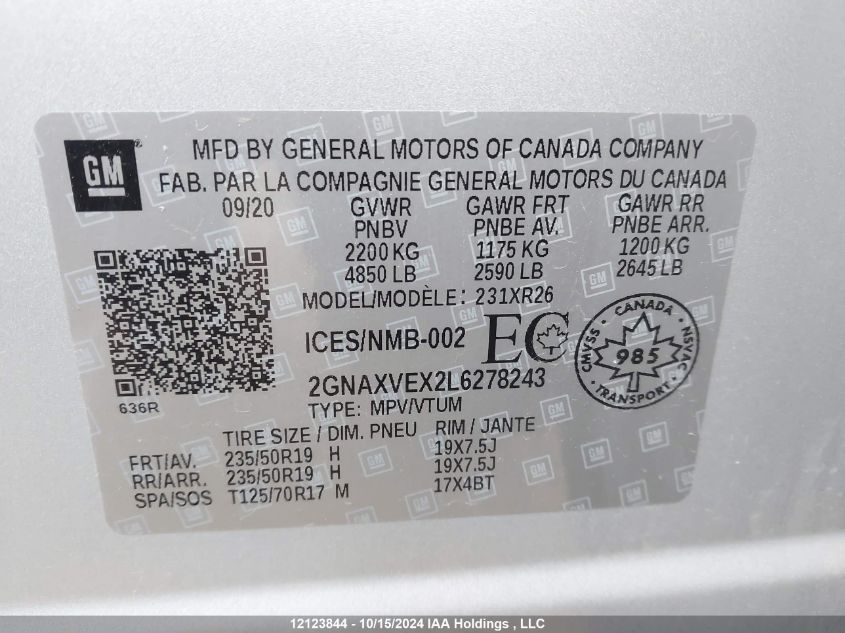 2020 Chevrolet Equinox VIN: 2GNAXVEX2L6278243 Lot: 12123844