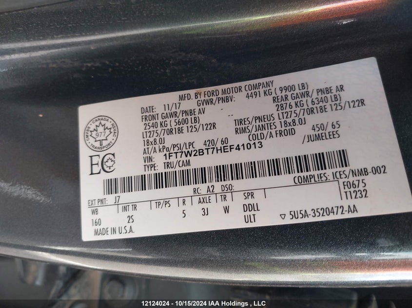 2017 Ford F-250 Xlt VIN: 1FT7W2BT7HEF41013 Lot: 12124024