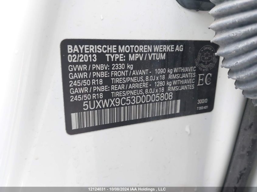 2013 BMW X3 VIN: 5UXWX9C53D0D05808 Lot: 12124031