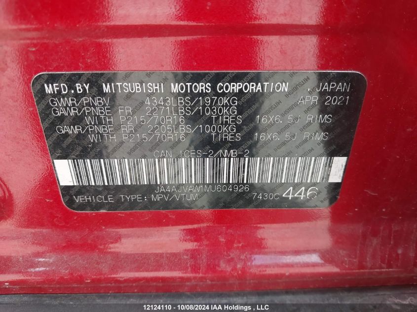 2021 Mitsubishi Rvr Se/Sel/Le/Gt VIN: JA4AJVAW1MU604926 Lot: 12124110