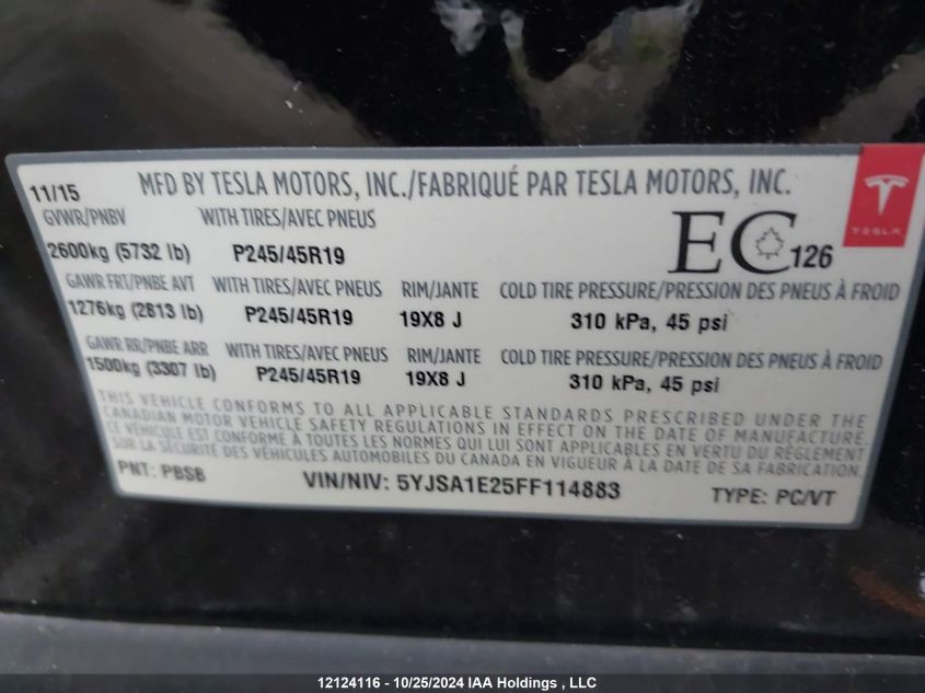 2015 Tesla Model S 70D/85D/P85D VIN: 5YJSA1E25FF114883 Lot: 12124116