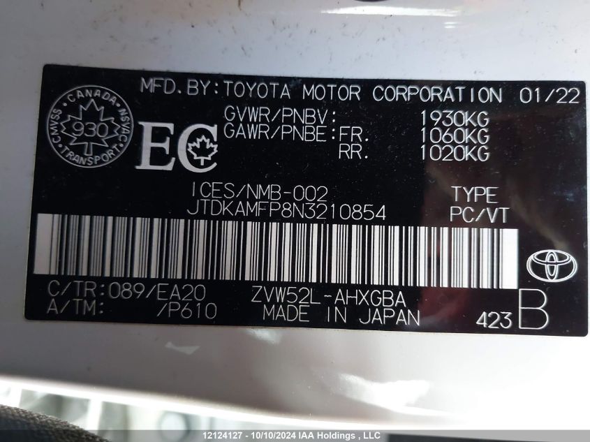 2022 Toyota Prius Prime Le/Xle/Limited VIN: JTDKAMFP8N3210854 Lot: 12124127