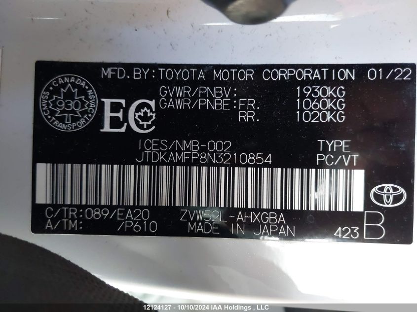 2022 Toyota Prius Prime Le/Xle/Limited VIN: JTDKAMFP8N3210854 Lot: 12124127