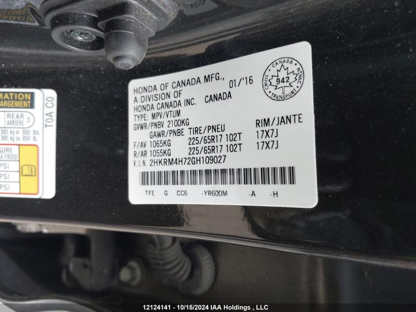 2016 Honda Cr-V VIN: 2HKRM4H72GH109027 Lot: 12124141