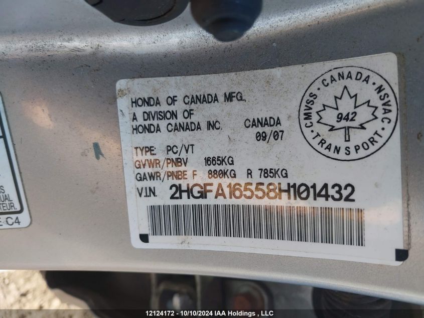 2008 Honda Civic Sdn VIN: 2HGFA16558H101432 Lot: 12124172