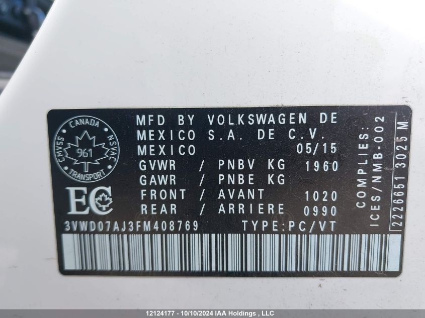 2015 Volkswagen Jetta Sedan VIN: 3VWD07AJ3FM408769 Lot: 12124177