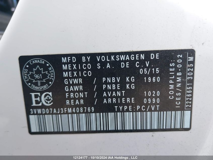 2015 Volkswagen Jetta Sedan VIN: 3VWD07AJ3FM408769 Lot: 12124177