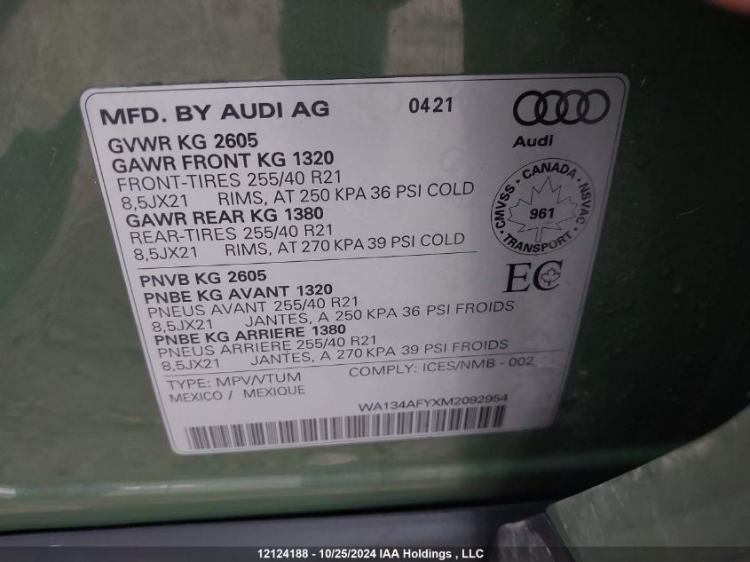 2021 Audi Sq5 Sportback VIN: WA134AFYXM2092954 Lot: 12124188