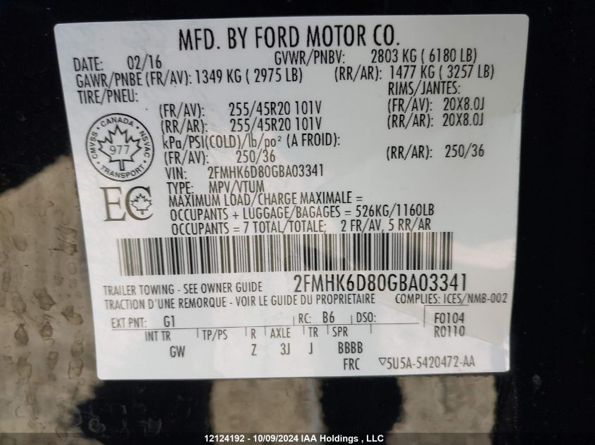 2016 Ford Flex Limited VIN: 2FMHK6D80GBA03341 Lot: 12124192