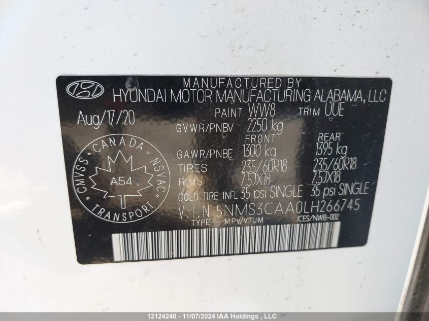 2020 Hyundai Santa Fe Sel/Sel Plus VIN: 5NMS3CAA0LH266745 Lot: 12124240