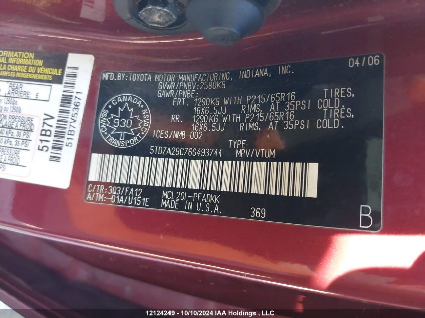 2006 Toyota Sienna Ce VIN: 5TDZA29C76S493744 Lot: 12124249