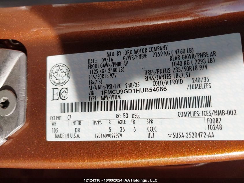 2017 Ford Escape Se VIN: 1FMCU9GD1HUB54666 Lot: 12124316