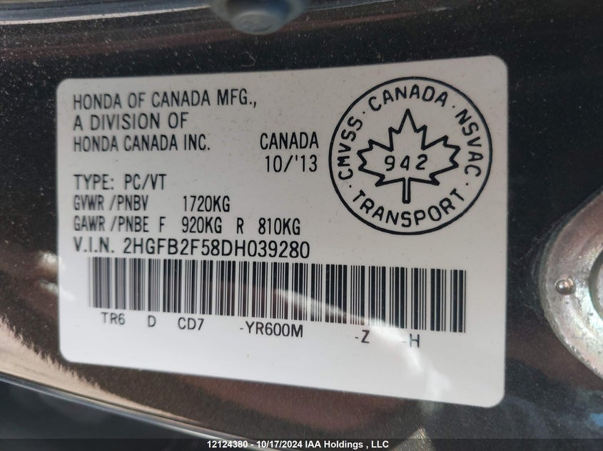 2013 Honda Civic Sdn VIN: 2HGFB2F58DH039280 Lot: 12124380