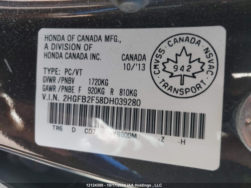 2013 Honda Civic Sdn VIN: 2HGFB2F58DH039280 Lot: 12124380