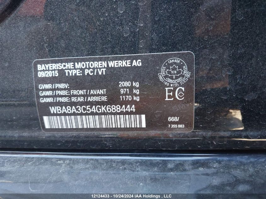 2016 BMW 3 Series VIN: WBA8A3C54GK688444 Lot: 12124433