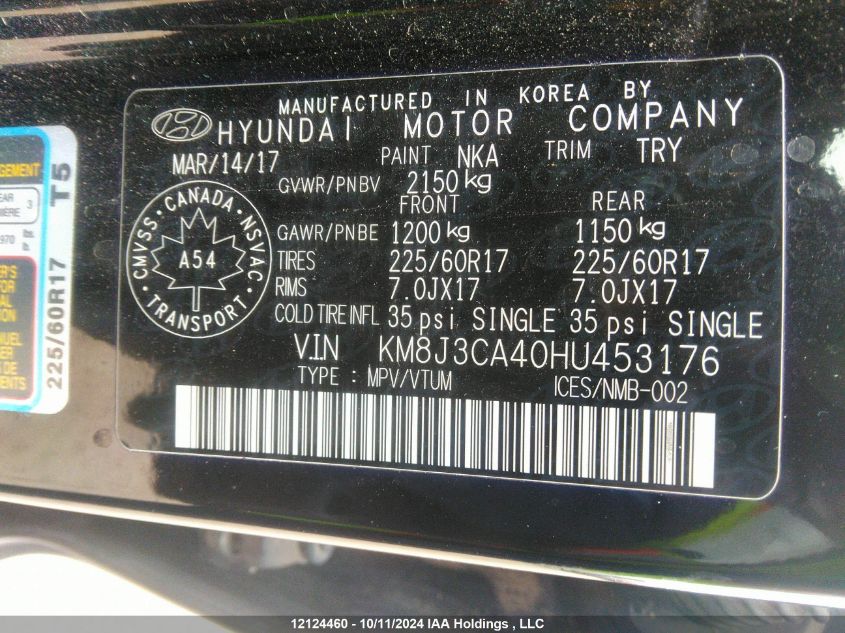 2017 Hyundai Tucson Limited/Sport And Eco/Se VIN: KM8J3CA40HU453176 Lot: 12124460