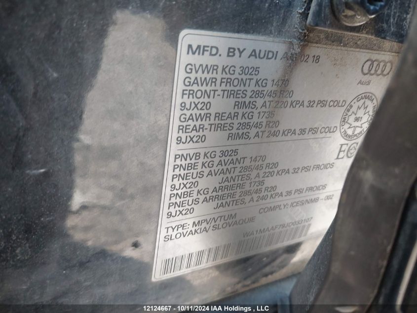 2018 Audi Q7 VIN: WA1MAAF79JD033107 Lot: 12124667