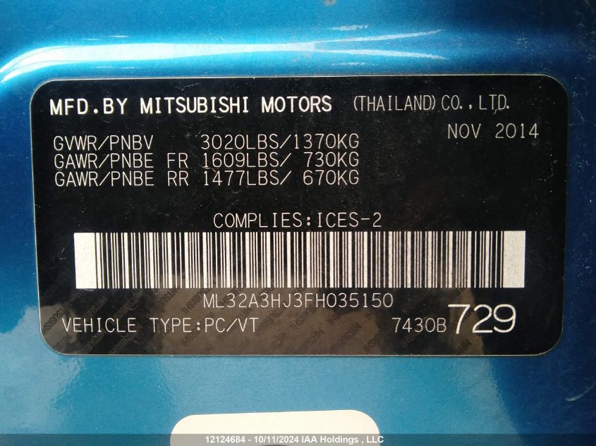 2015 Mitsubishi Mirage VIN: ML32A3HJ3FH035150 Lot: 12124684