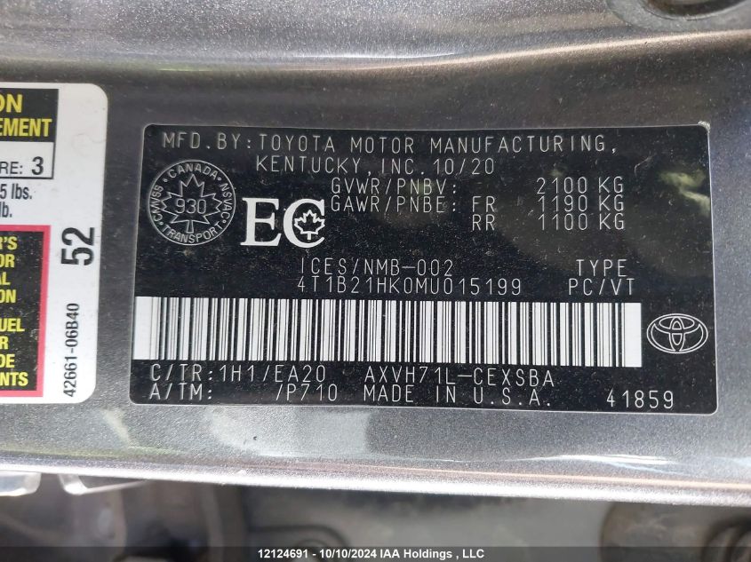 2021 Toyota Camry Xle/Se VIN: 4T1B21HK0MU015199 Lot: 12124691