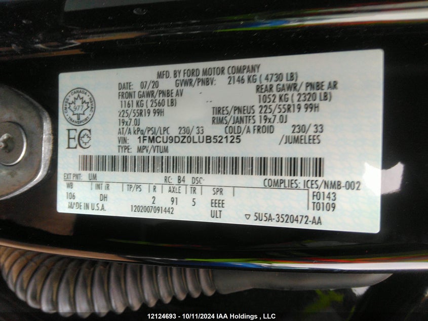 2020 Ford Escape Titanium VIN: 1FMCU9DZ0LUB52125 Lot: 12124693