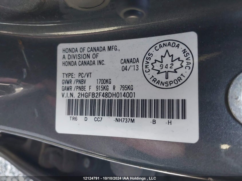 2013 Honda Civic Sdn VIN: 2HGFB2F48DH014001 Lot: 12124791