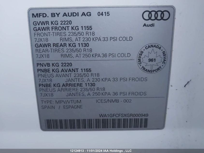 2016 Audi Q3 VIN: WA1GFCFSXGR000949 Lot: 12124913