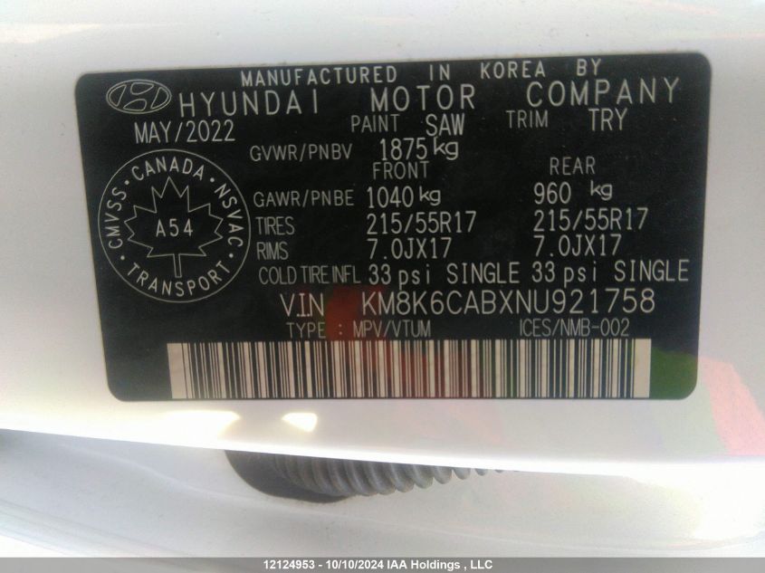 2022 Hyundai Kona Sel VIN: KM8K6CABXNU921758 Lot: 12124953