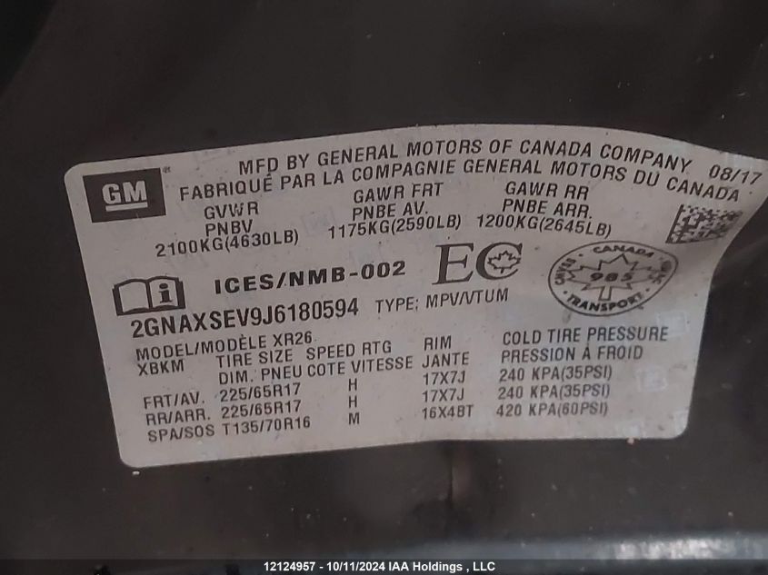 2018 Chevrolet Equinox VIN: 2GNAXSEV9J6180594 Lot: 12124957