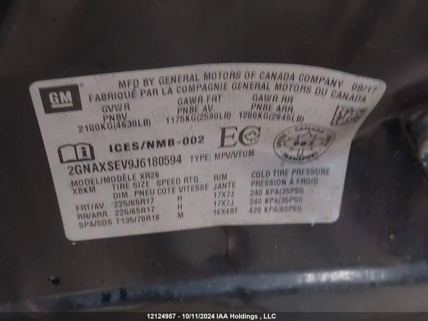 2018 Chevrolet Equinox VIN: 2GNAXSEV9J6180594 Lot: 12124957