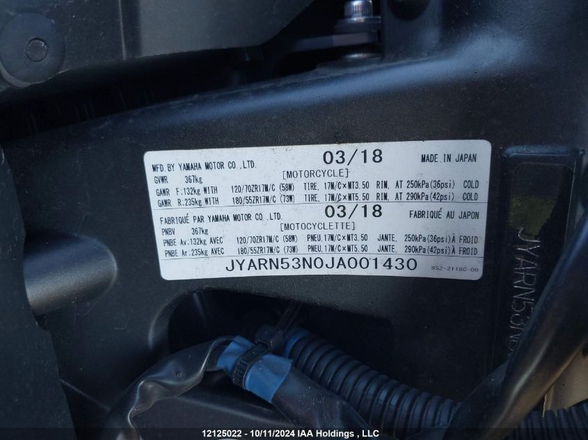 2018 Yamaha Mt09 VIN: JYARN53N0JA001430 Lot: 12125022