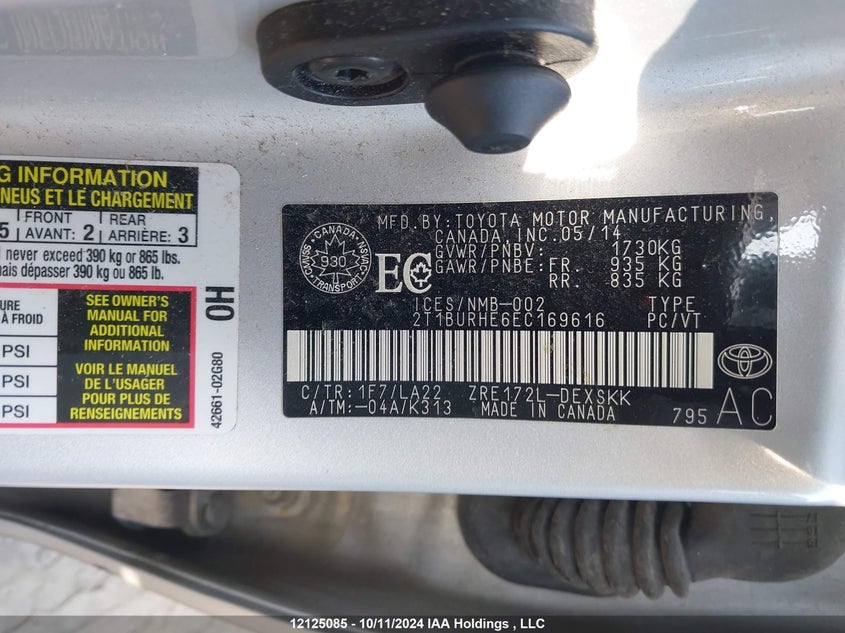 2014 Toyota Corolla Le VIN: 2T1BURHE6EC169616 Lot: 12125085