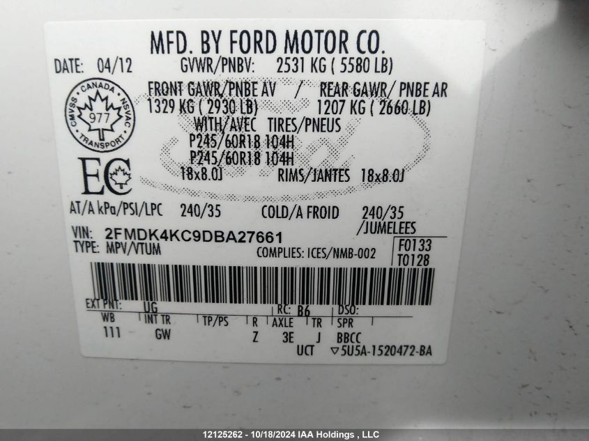 2013 Ford Edge Limited VIN: 2FMDK4KC9DBA27661 Lot: 12125262