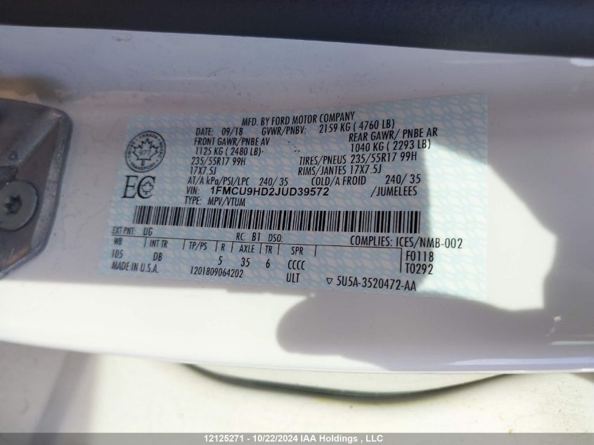 2018 Ford Escape Sel VIN: 1FMCU9HD2JUD39572 Lot: 12125271