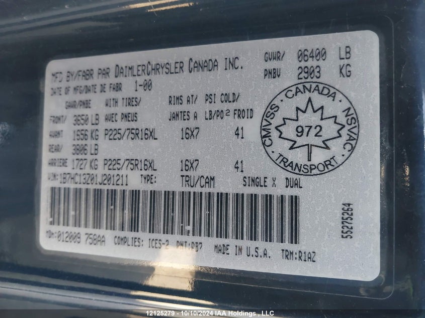 2001 Dodge Ram 1500 VIN: 1B7HC13Z01J201211 Lot: 12125279