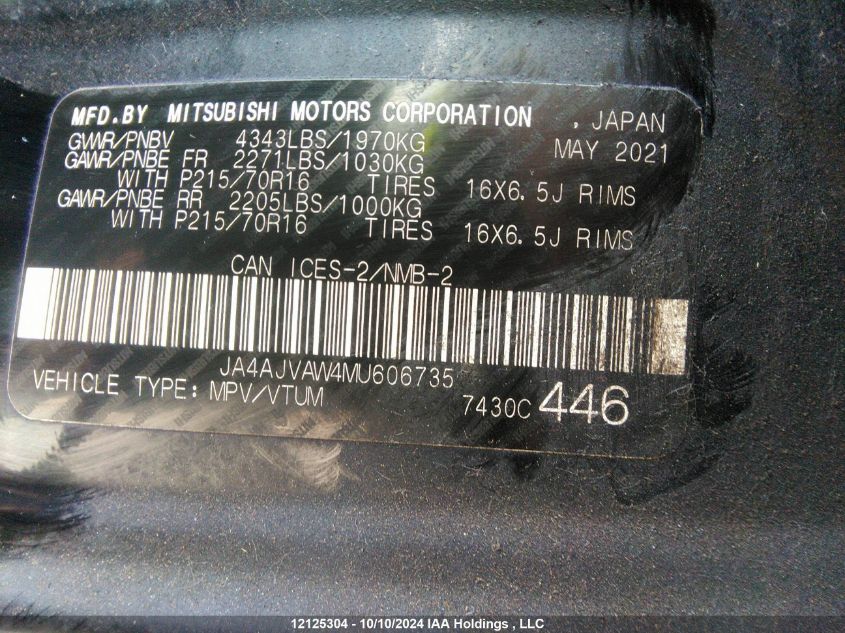 2021 Mitsubishi Rvr VIN: JA4AJVAW4MU606735 Lot: 12125304