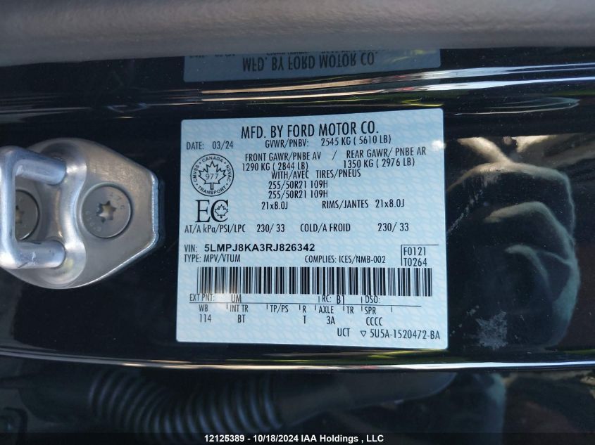 2024 Lincoln Nautilus Reserve VIN: 5LMPJ8KA3RJ826342 Lot: 12125389