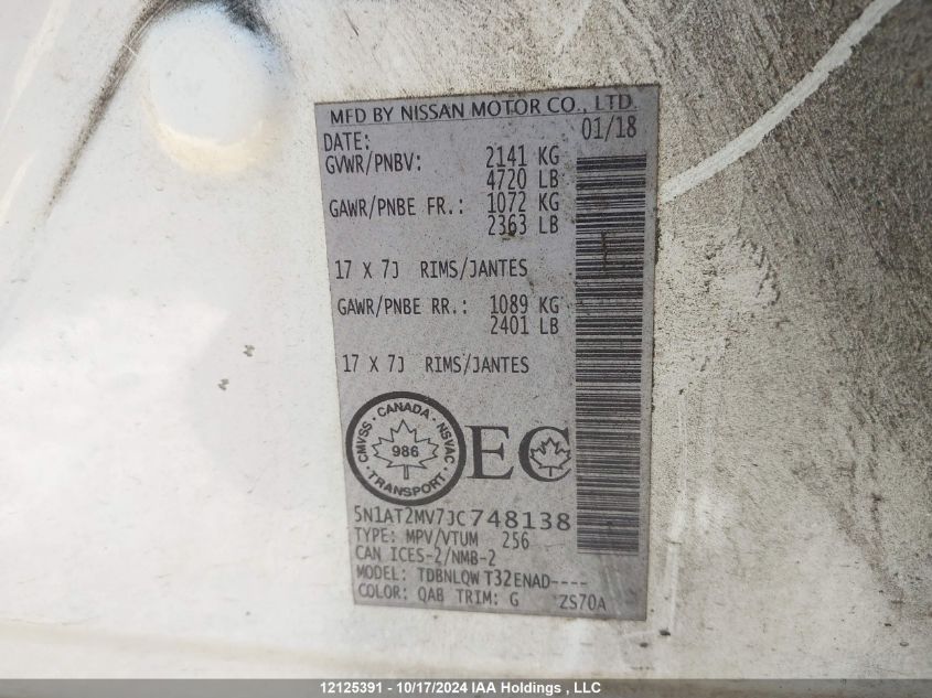 2018 Nissan Rogue VIN: 5N1AT2MV7JC748138 Lot: 12125391
