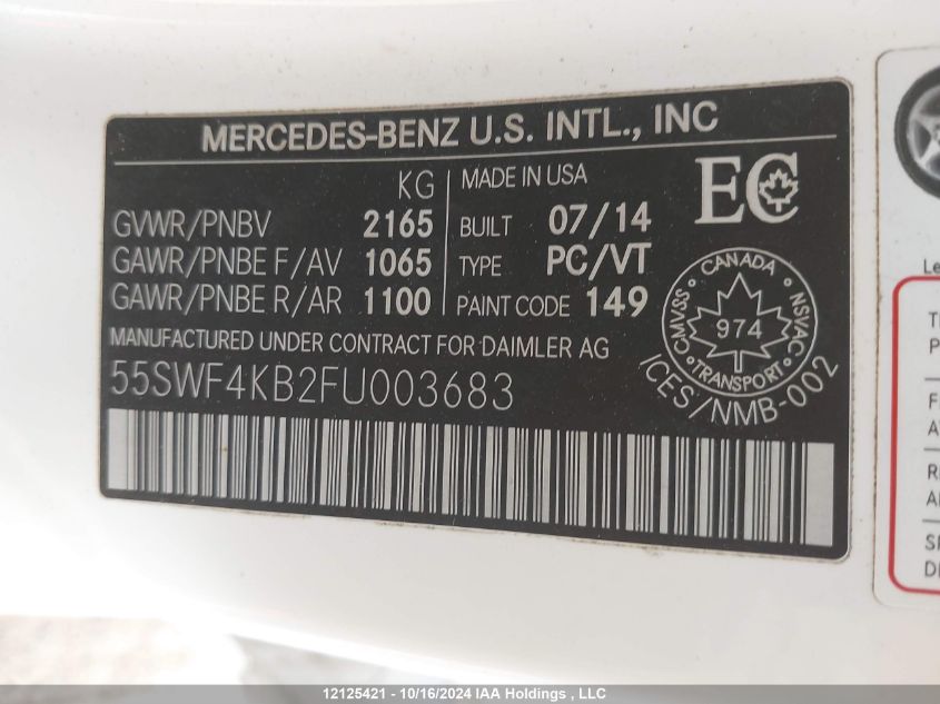 2015 Mercedes-Benz C 300 4Matic VIN: 55SWF4KB2FU003683 Lot: 12125421