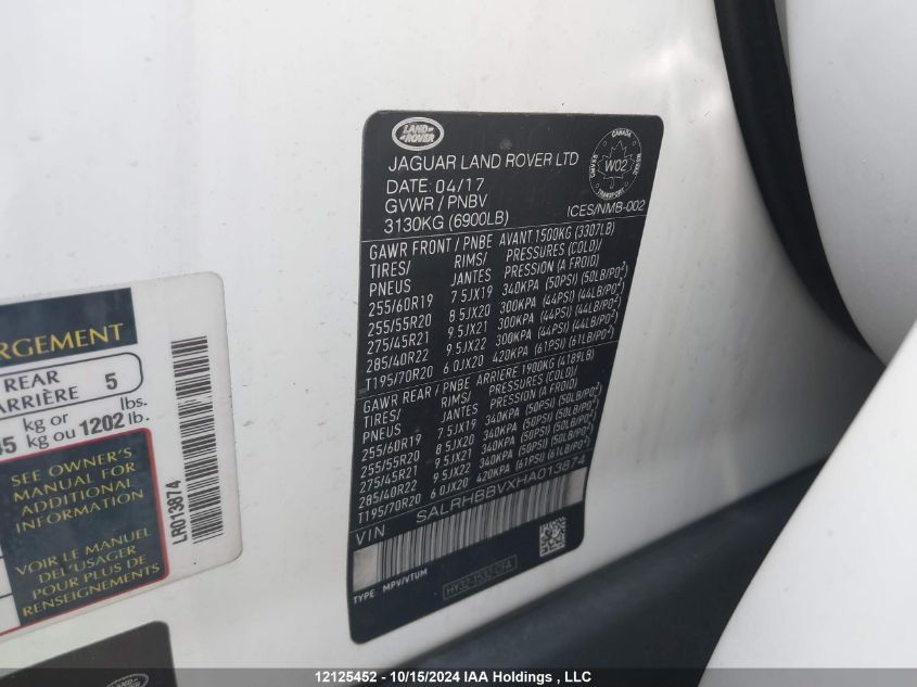 2017 Land Rover Discovery VIN: SALRHBBVXHA013874 Lot: 12125452