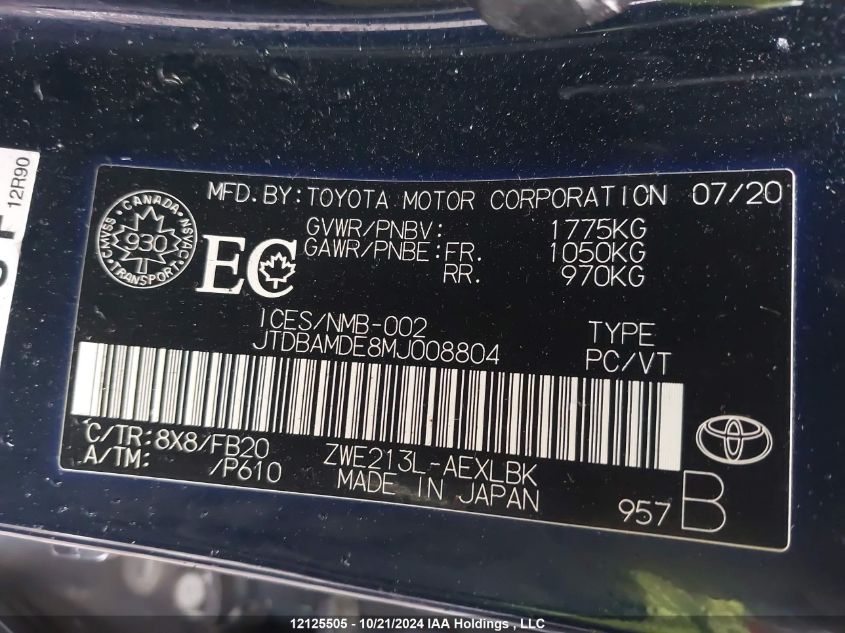 2021 Toyota Corolla Hybrid Base W/Li Battery VIN: JTDBAMDE8MJ008804 Lot: 12125505