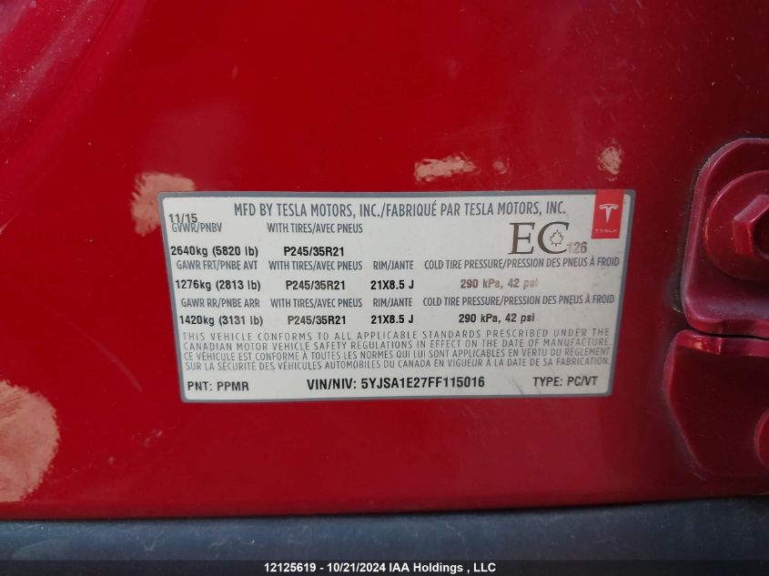 2015 Tesla Model S 70D/85D/P85D VIN: 5YJSA1E27FF115016 Lot: 12125619