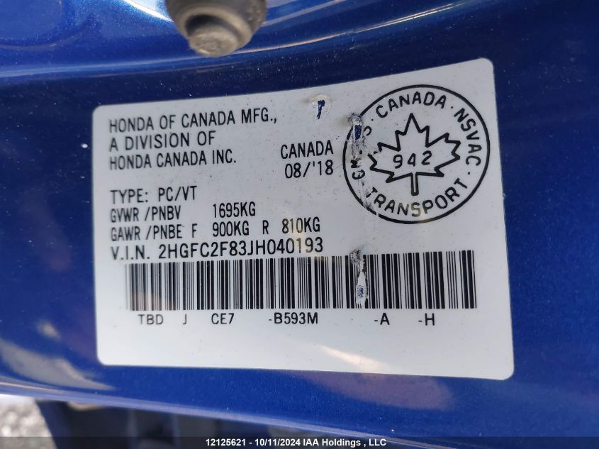 2018 Honda Civic Sedan VIN: 2HGFC2F83JH040193 Lot: 12125621