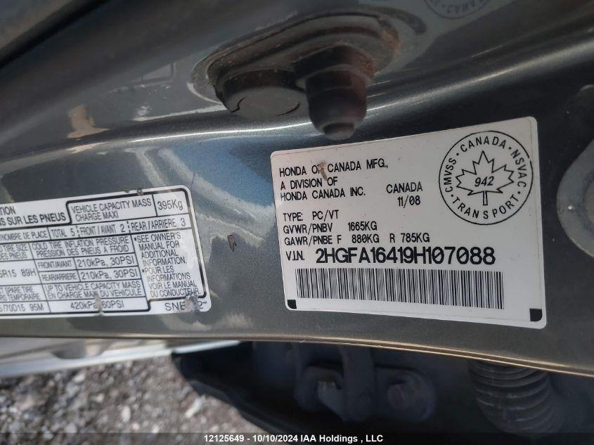 2009 Honda Civic Sdn VIN: 2HGFA16419H107088 Lot: 12125649